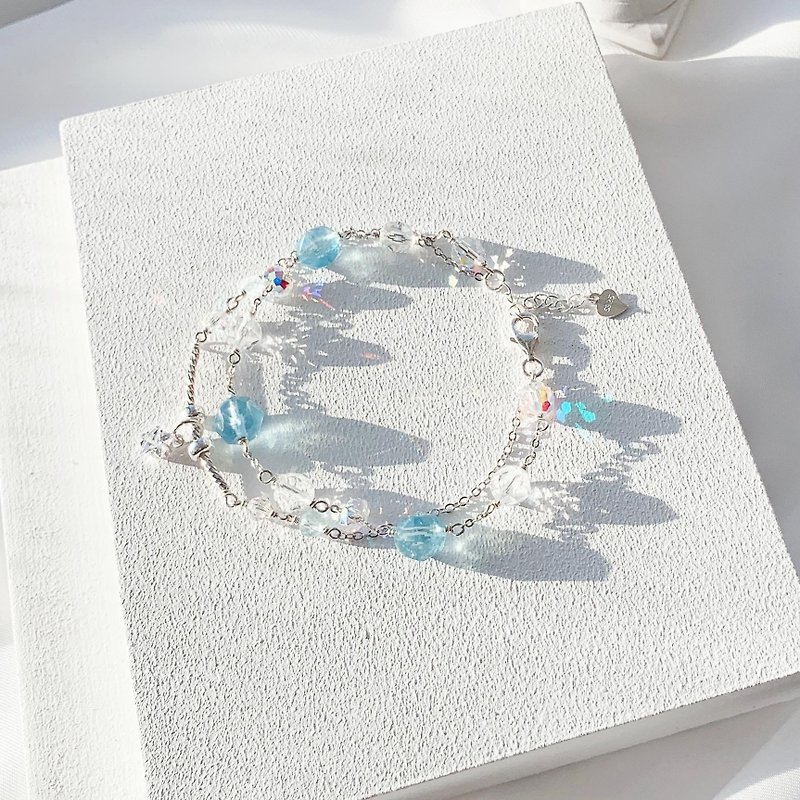 Aquamarine White Crystal S925 Sterling Silver Diamond-Cut Crystal Hand-Wound Bracelet - สร้อยข้อมือ - คริสตัล หลากหลายสี