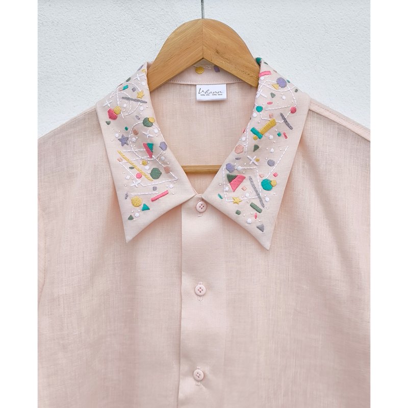 Embroidery | Linen | Coral Pink Cropped Shirt - 女襯衫 - 棉．麻 粉紅色
