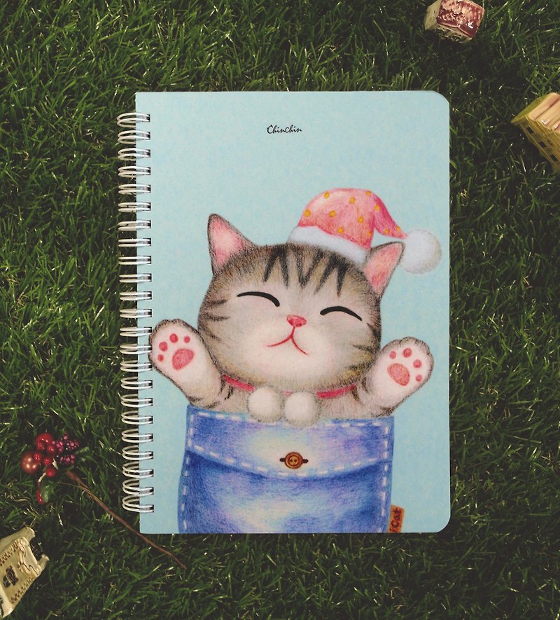 ChinChin手描き猫ノート-ポケットウォームキャット（はがき付き） - ノート・手帳 - 紙 ブルー