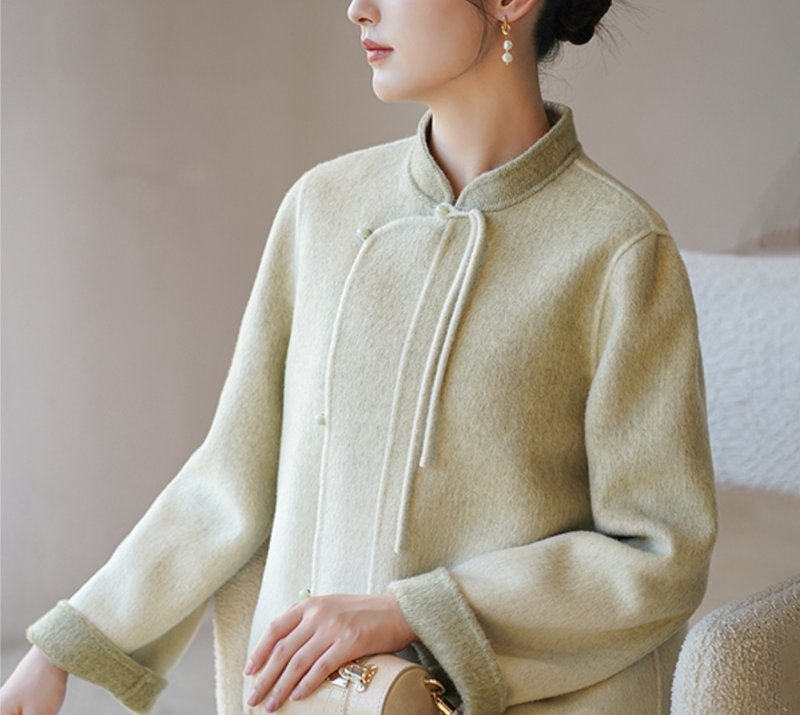 新中式 中國風雙面呢套裝盤扣唐裝真絲羊毛外套 - 女上衣/長袖上衣 - 絲．絹 綠色