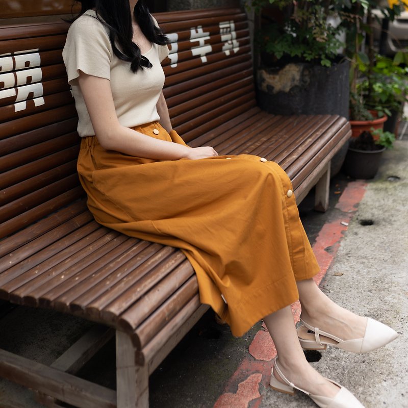 [Adult] Contrast Color Breasted Long Skirt - Caramel Khaki - Skirts - Polyester Brown