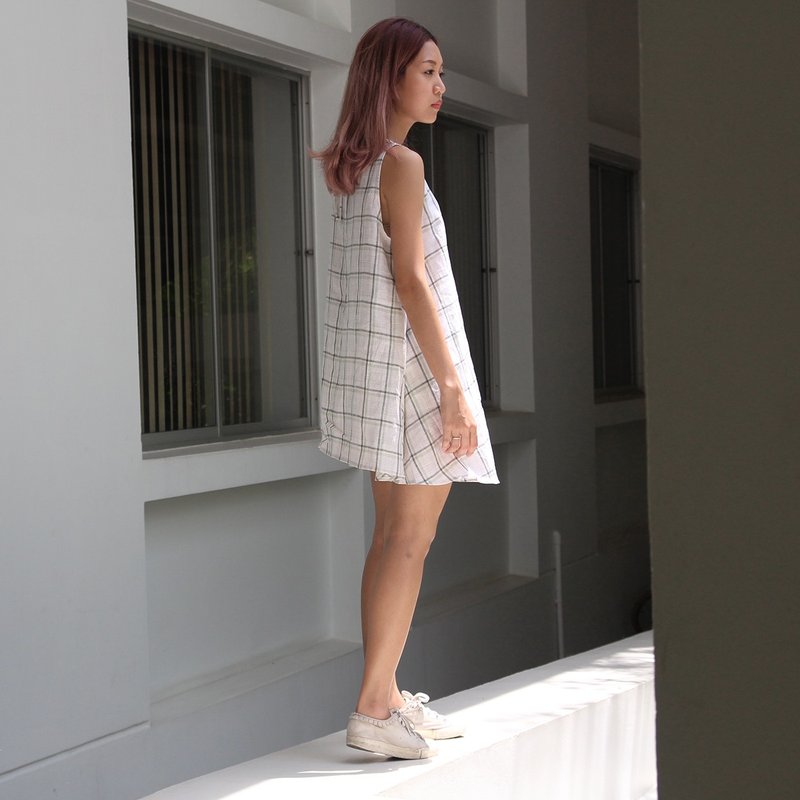 綠色大格紋亞麻洋裝 (Leisure Time Dress (mini apple)) - 洋裝/連身裙 - 棉．麻 綠色