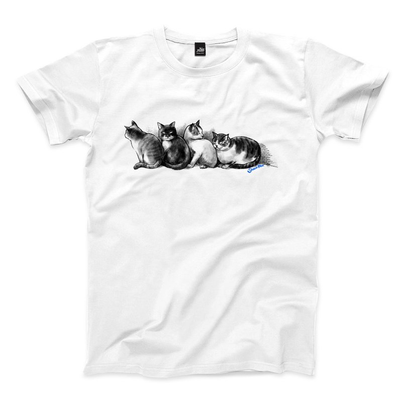 Four Cats Warm - White - Unisex T-Shirt - เสื้อยืดผู้ชาย - ผ้าฝ้าย/ผ้าลินิน ขาว