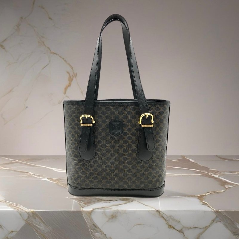 [LA LUNE] Second-hand Celine black presbyopic leather tote bag back and side shoulder small handbag - Messenger Bags & Sling Bags - Genuine Leather Black