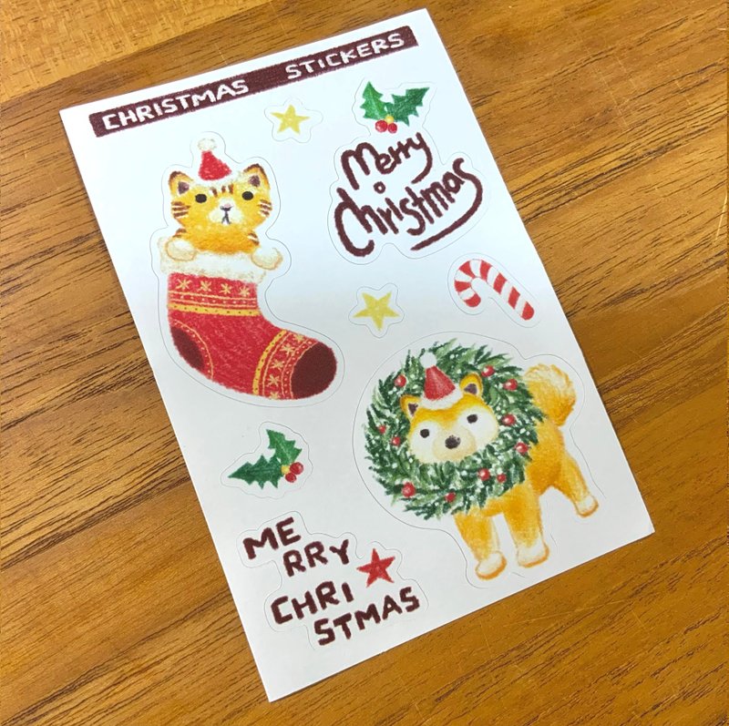 貓貓狗狗聖誕迷你圖鑑貼紙 - 貼紙 - 紙 多色