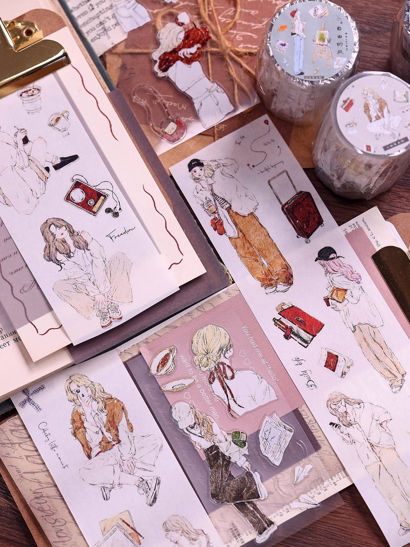 自由的風  輕復古鹽系人物和紙PET 模切手帳 膠帶拼貼 - 紙膠帶/和紙/PET - 紙 卡其色