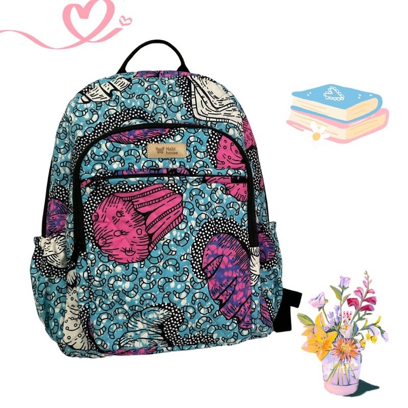 Backpack with quilted lines throughout, bakery dessert pattern - 後背包/背包/書包 - 棉．麻 粉紅色