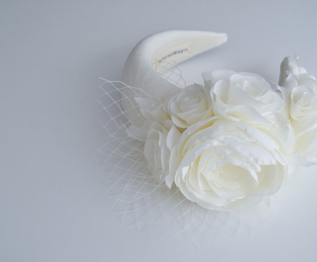 Bridal Ivory Silk Padded Headband, With Birdcage Chin Length Veil,  Detachable Veil, Fascinator, Duchess Satin Silk 