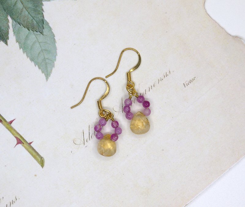 幸運物 黃水晶 紫瑪瑙 耳環 可換夾式 - 耳環/耳夾 - 寶石 