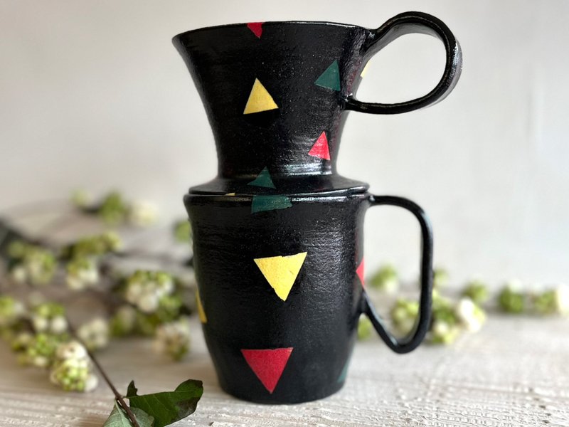 默墨彩角手沖咖啡濾杯組_陶器咖啡杯濾杯 - 咖啡杯/馬克杯 - 陶 黑色