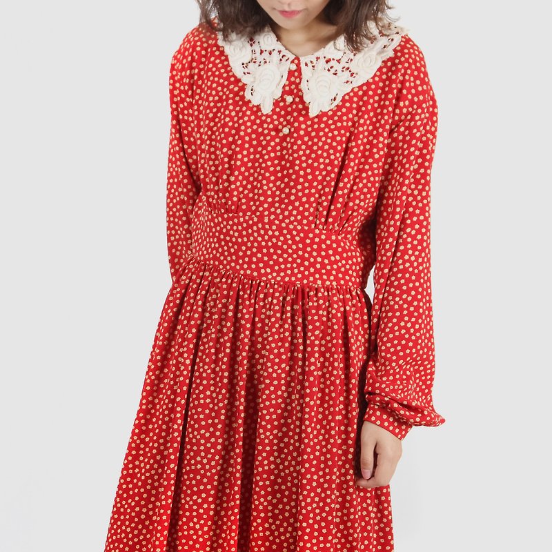 [Egg plant ancient] Yang red lace silk print vintage dress - One Piece Dresses - Polyester Red