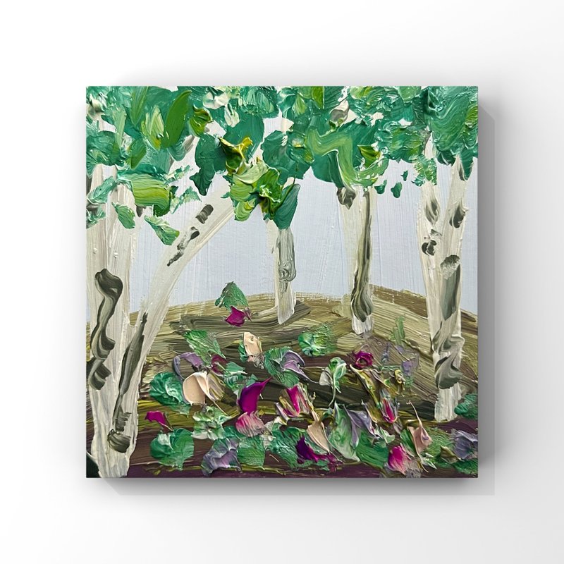 Birch Painting Birch Tree Original Art Wildflowers Blooming Art Girl Room Decor - 海報/掛畫/掛布 - 其他材質 卡其色