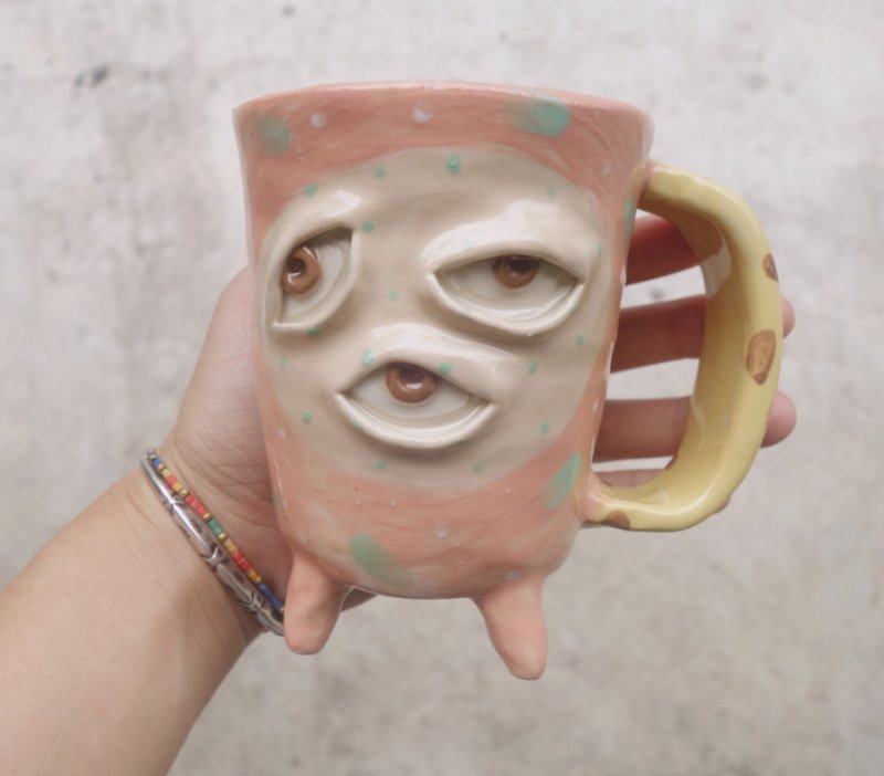 Big Handmade ceramic mug cup many eye in pink :) - Pottery & Ceramics - Pottery Pink