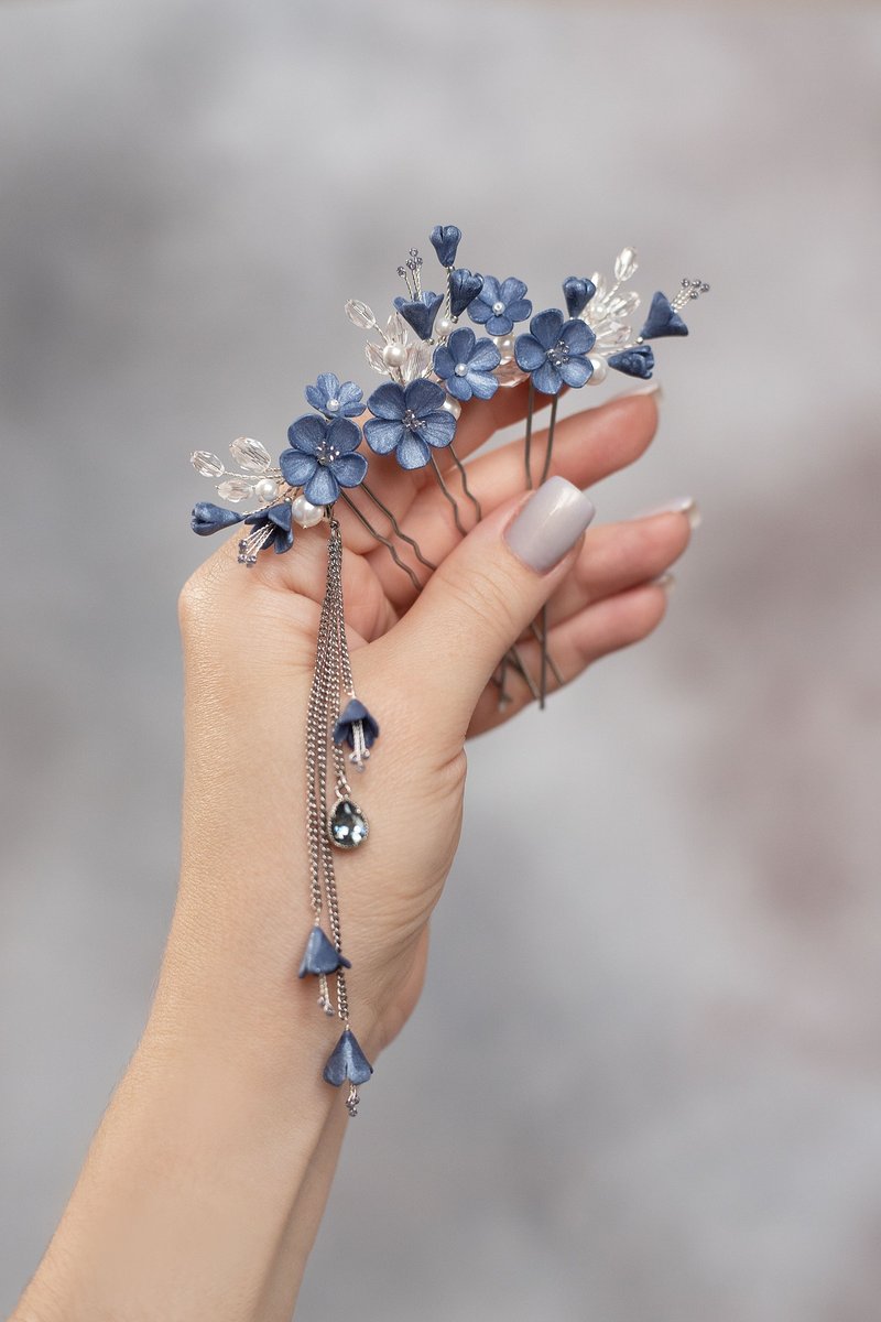 Dusty blue set of hair pins, Wedding floral hair piece, Bridal pearly headpiece - 髮圈/髮夾 - 珍珠 藍色