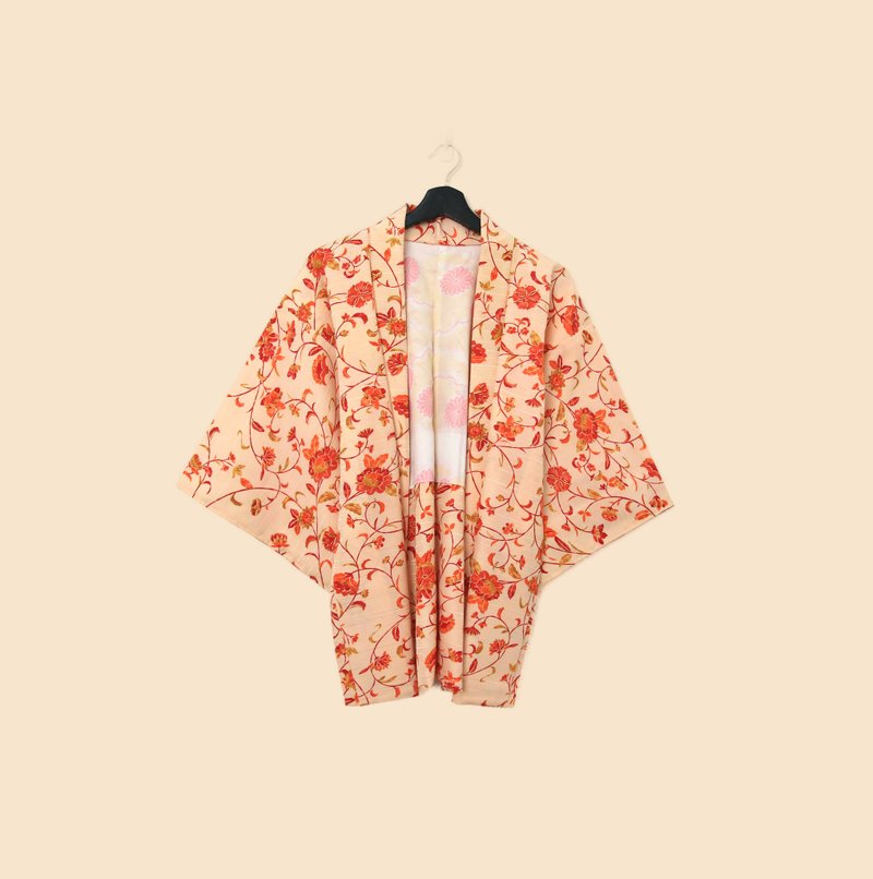 Back to Green-日本帶回羽織 日落橘紅花朵kb-46/vintage kimono - 女大衣/外套 - 絲．絹 