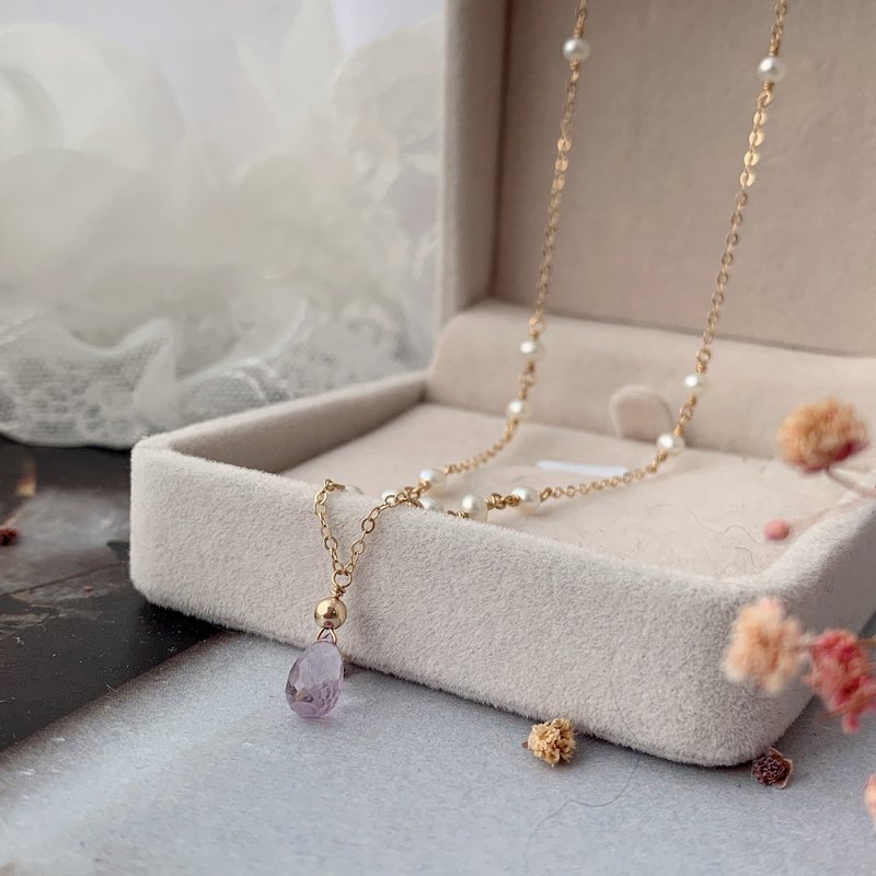 [14Kgf non-fading] sea pearl small pearl amethyst necklace gold-filled June birthday - Collar Necklaces - Precious Metals Gold