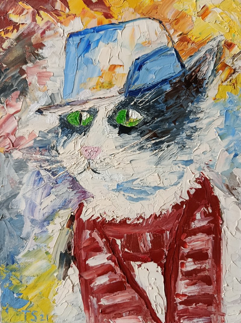 The cat is a fan Original oil painting - 壁貼/牆壁裝飾 - 其他材質 