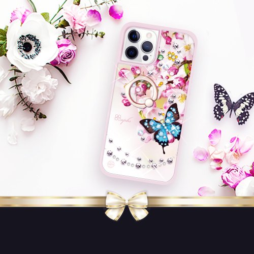 apbs 雅品仕 水晶彩鑽手機殼 iPhone 12全系列 水晶彩鑽減震指環扣手機殼-蝶戀櫻