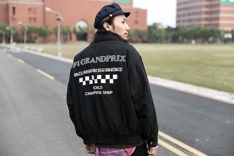 [3thclub Ming Ren Tang] F1 Formula One racing jacket windproof checkerboard vintage F1-003 - เสื้อโค้ทผู้ชาย - ผ้าฝ้าย/ผ้าลินิน สีดำ