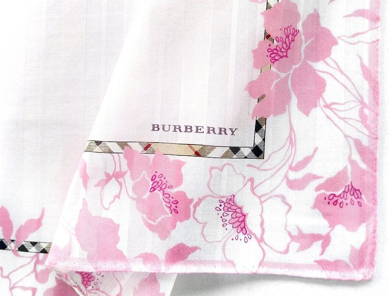 Burberry Vintage Handkerchief Floral Border Women Gift 19.5 x 19.5 inches - ผ้าเช็ดหน้า - ผ้าฝ้าย/ผ้าลินิน สึชมพู
