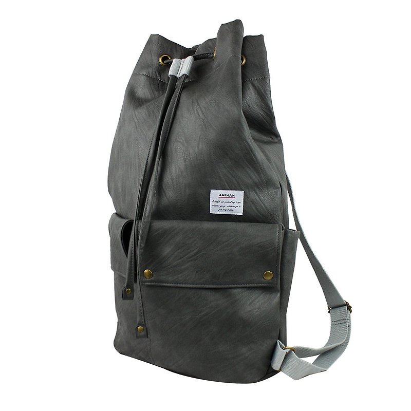 AMINAH-Gray Backpack[am-0293] - กระเป๋าหูรูด - หนังเทียม สีเทา