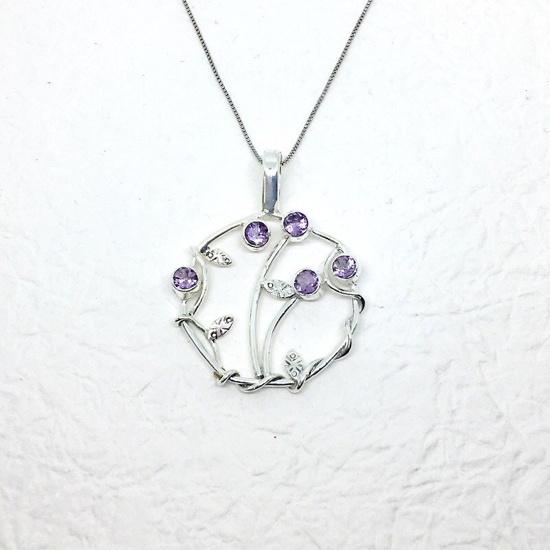紫水晶925純銀森林系項鍊 印度手工鑲嵌製作 - 項鍊 - 寶石 紫色
