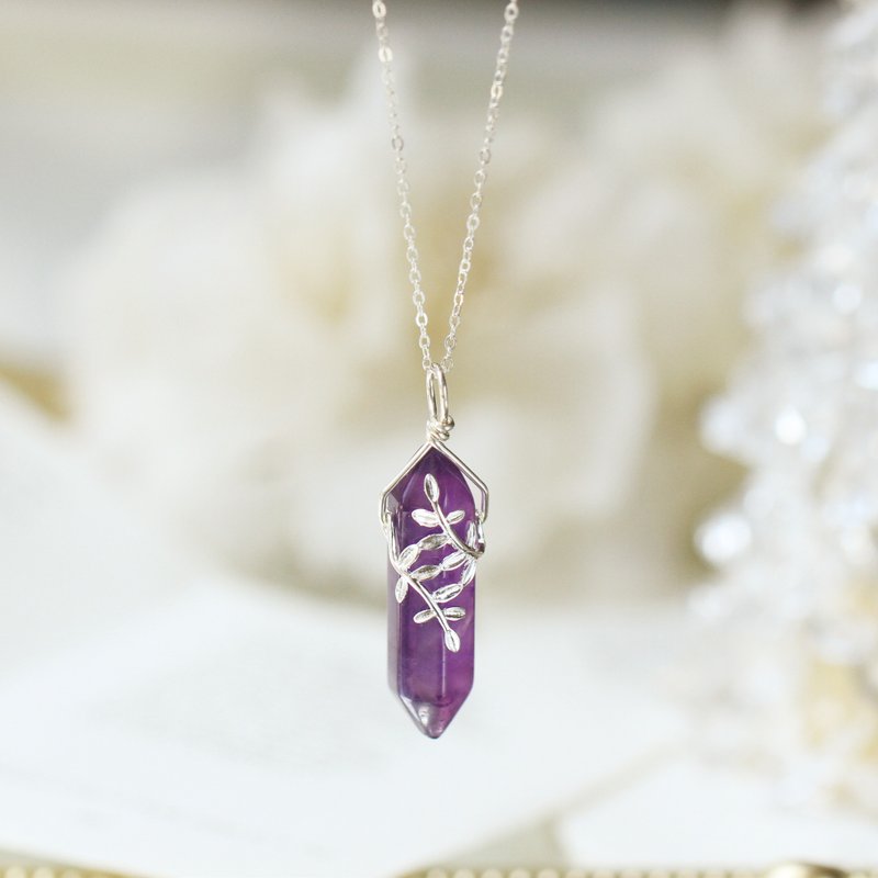 Amethyst column Stone crystal column sterling silver necklace wisdom good popularity noble luck girl birthday gift - สร้อยคอ - คริสตัล สีทอง