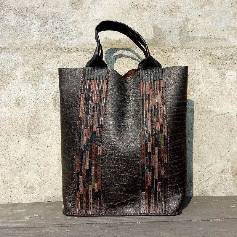 Camo rectangular bag (all hand sewing / all leather) - กระเป๋าถือ - หนังแท้ สีนำ้ตาล