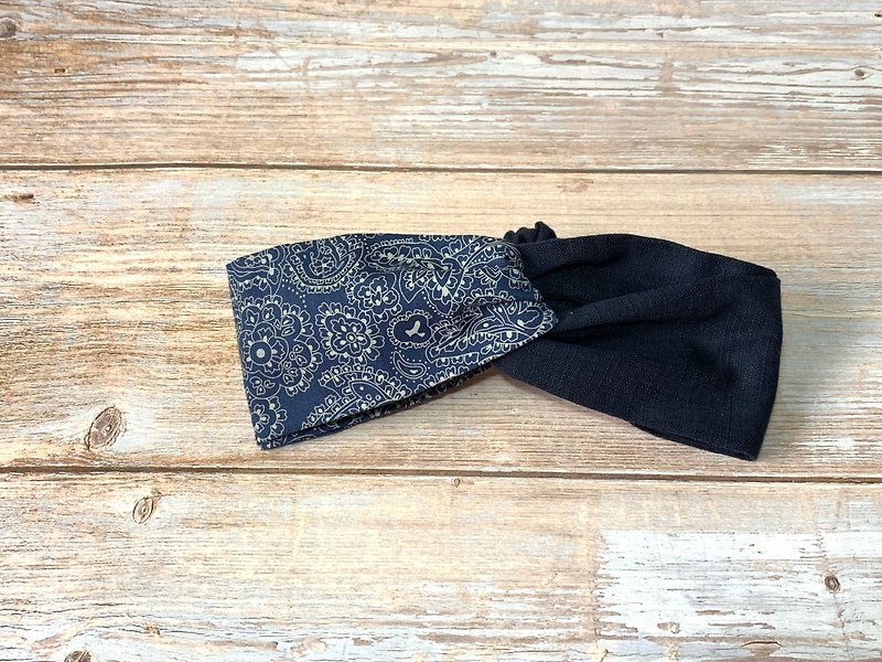 Cross hair band/two-color stitching style/blue and black + Japanese winding style - Headbands - Cotton & Hemp Black
