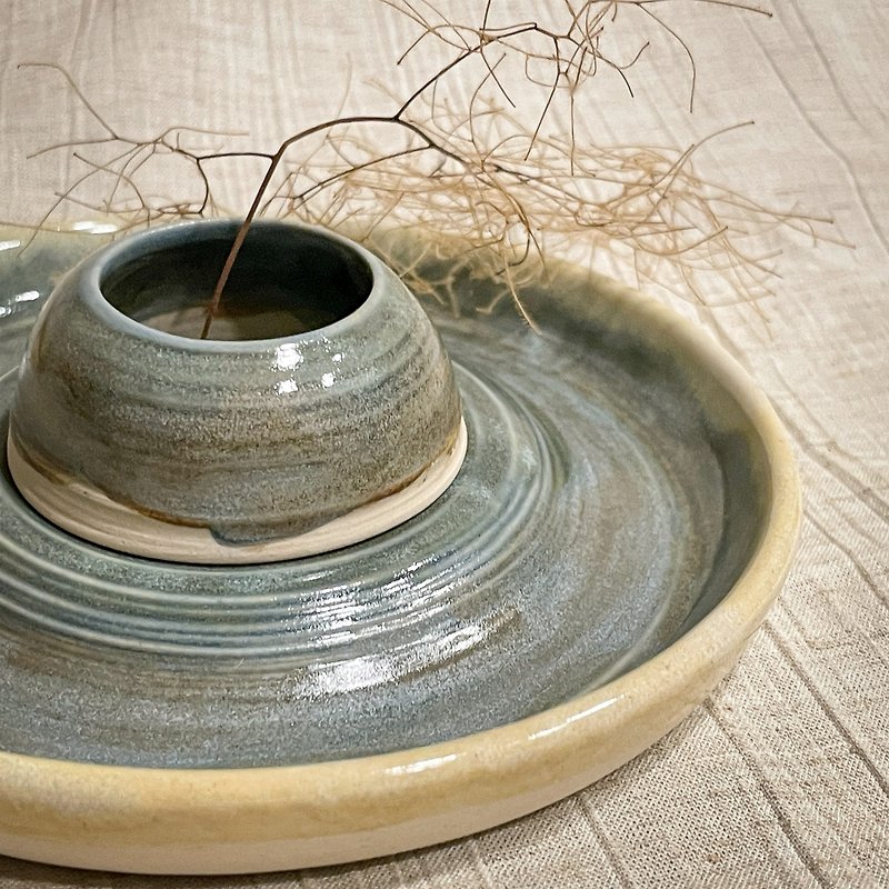 香具小皿と小丘粘土神木台 | - アロマ・線香 - 陶器 ブルー