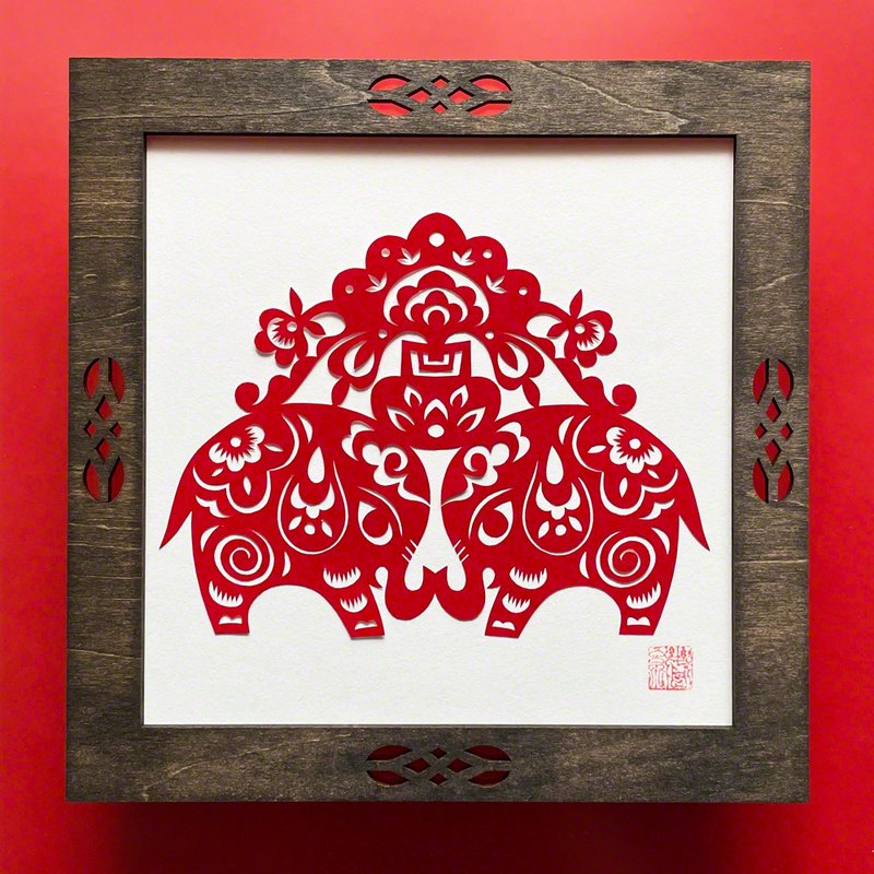 Made-to-order with wooden frame Kirigami Elephant Update - โปสเตอร์ - กระดาษ สีแดง