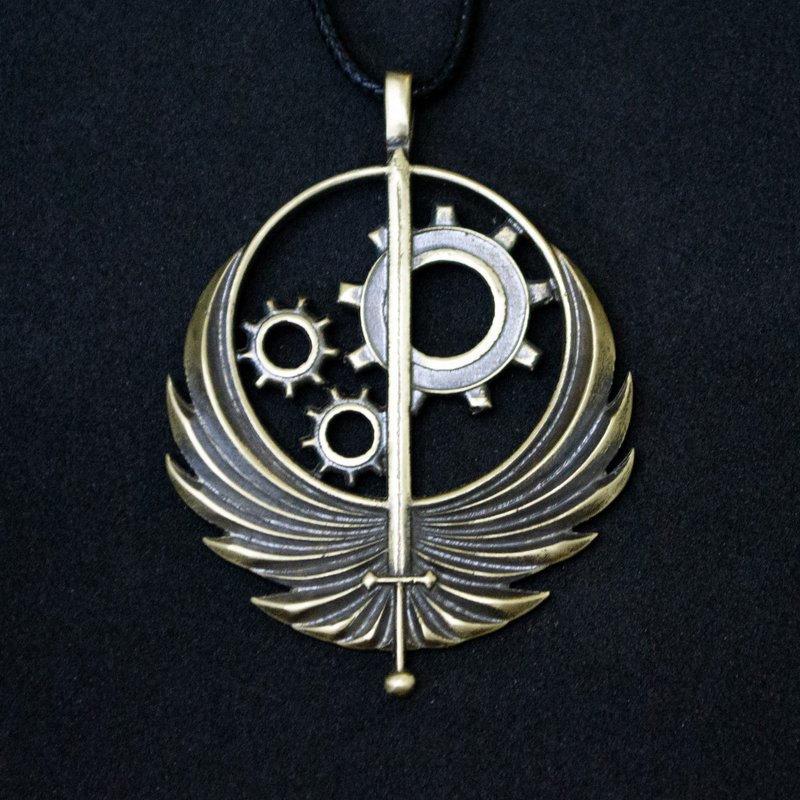 Bronze Steampunk Brotherhood of Steel Necklace Pendant - Necklaces - Copper & Brass Gold