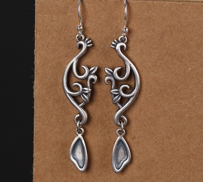 Abstract Peacock Phoenix Ethnic Vintage Earrings for Women Thai 925 Silver - 耳環/耳夾 - 純銀 銀色