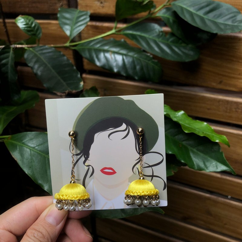 手工繡線印度鐘型耳環 鮮黃 Jhumka  / 各色可客製化 - 耳環/耳夾/耳骨夾 - 繡線 黃色