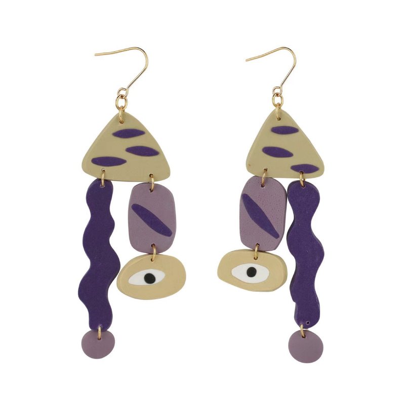 Geometric Abstract Face 3 Original Design Niche Exaggerated Fashion Art Handmade Earrings - Earrings & Clip-ons - Pottery Purple