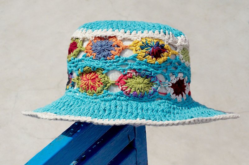 バレンタインデーギフト限定版の手織りコットンリネンキャップ/ニットキャップ/帽子/麦わら帽子/バイザー/かぎ針編みの帽子-ブルーの森の花が織り込まれています - 帽子 - コットン・麻 多色