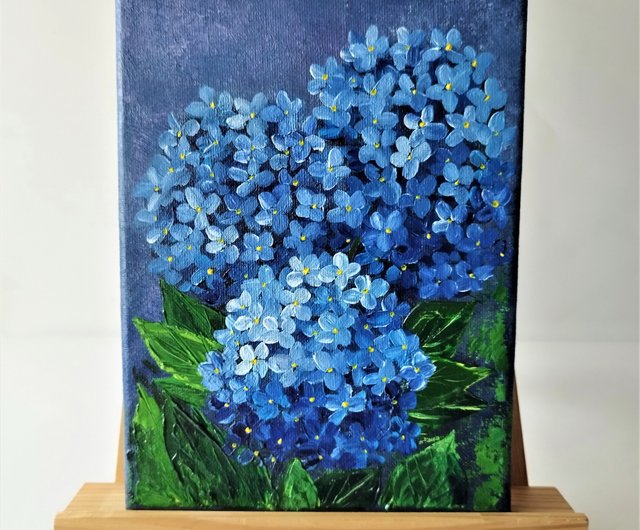 【額縁付き原画】赤い花と青い紫陽花の静物画｜アクリル絵画 額縁付き原画】赤い花と青い紫陽花の静物画｜アクリル絵画 青い