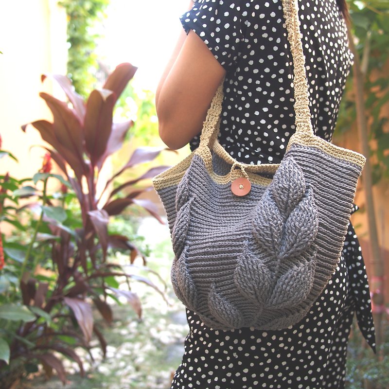Handmade Crochet Tote Bag Leaf Embossed Minimalist Style, DarkGray - Handbags & Totes - Other Materials Gray