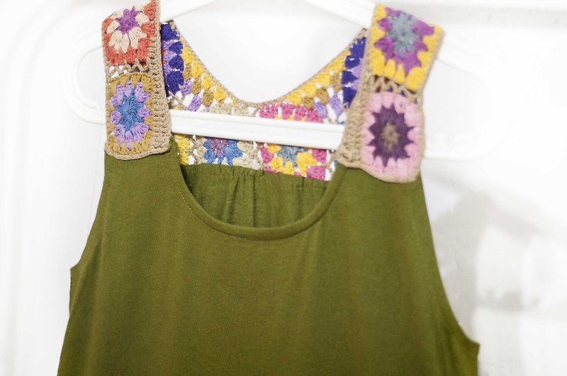 Knitted crocheted cotton dress / ethnic style dress / flower dress / hand-embroidered dress - rainbow color flowers - ชุดเดรส - ผ้าฝ้าย/ผ้าลินิน สีเขียว