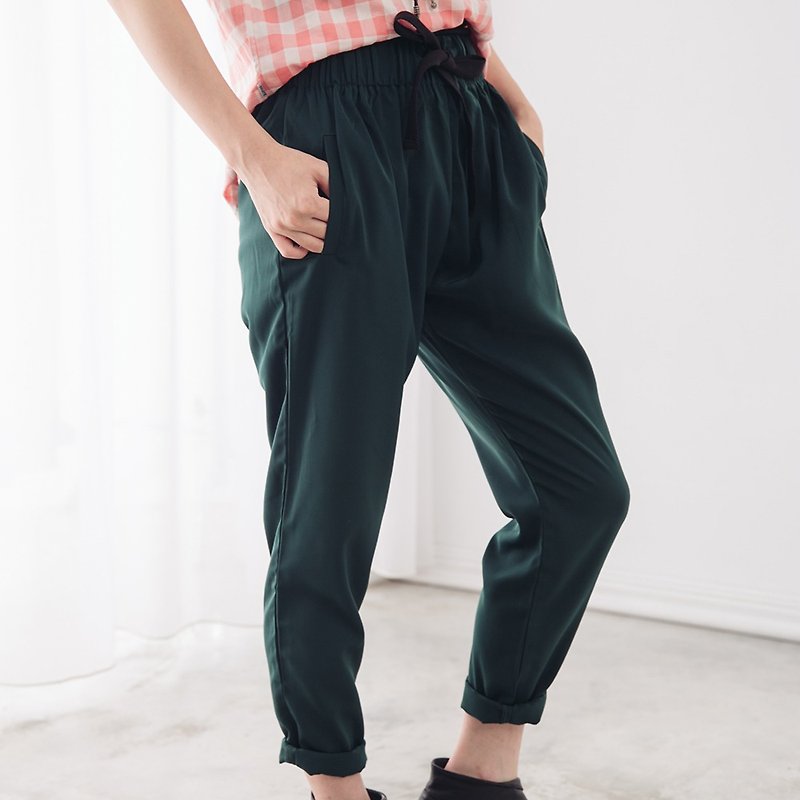 Lazy style loose high-waisted classic trousers with elastic waistband chiffon trousers - forest green - Women's Pants - Cotton & Hemp Green