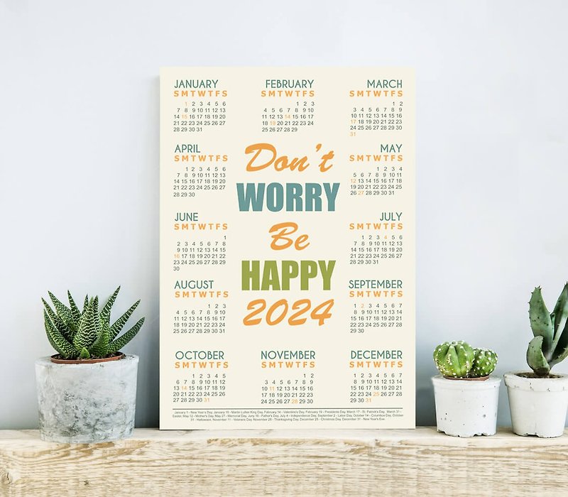 2024 Calendar with Quote, 12 Months Wall Calendar, Be Happy - 掛牆畫/海報 - 紙 