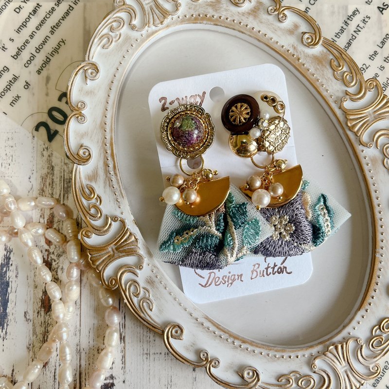 wow handmade 2-way 復古鈕扣 × 布料層次耳環-手作獨一無二 - 耳環/耳夾/耳骨夾 - 其他材質 