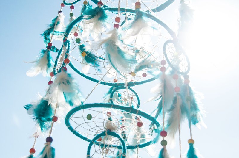 National style hanging boho hand-woven cotton and linen dream catcher dream Cather-blue and white stars - ของวางตกแต่ง - ผ้าฝ้าย/ผ้าลินิน สีน้ำเงิน