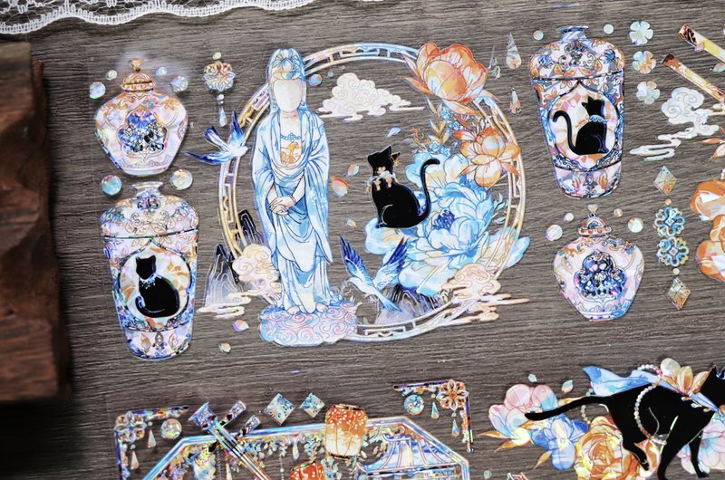 元 黒貓 東方古風 PET 紙膠帶 貝殼光 / 割型貼紙卷 星光膜 - 紙膠帶/和紙/PET - 其他材質 藍色