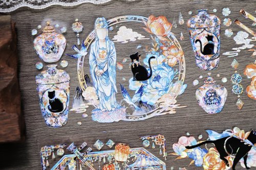 巫女sama事務所 元 黒貓 東方古風 PET 紙膠帶 貝殼光 / 割型貼紙卷 星光膜