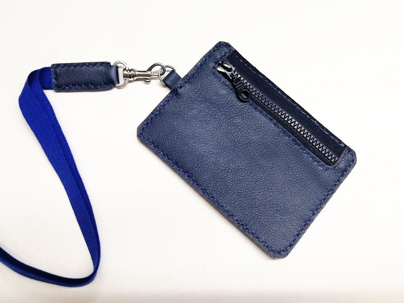 Leather Card Holder Two-color ID Holder Zipper Coin Purse Hand-Sewn KP01-006 (Unique Item) - ที่ใส่บัตรคล้องคอ - หนังแท้ 