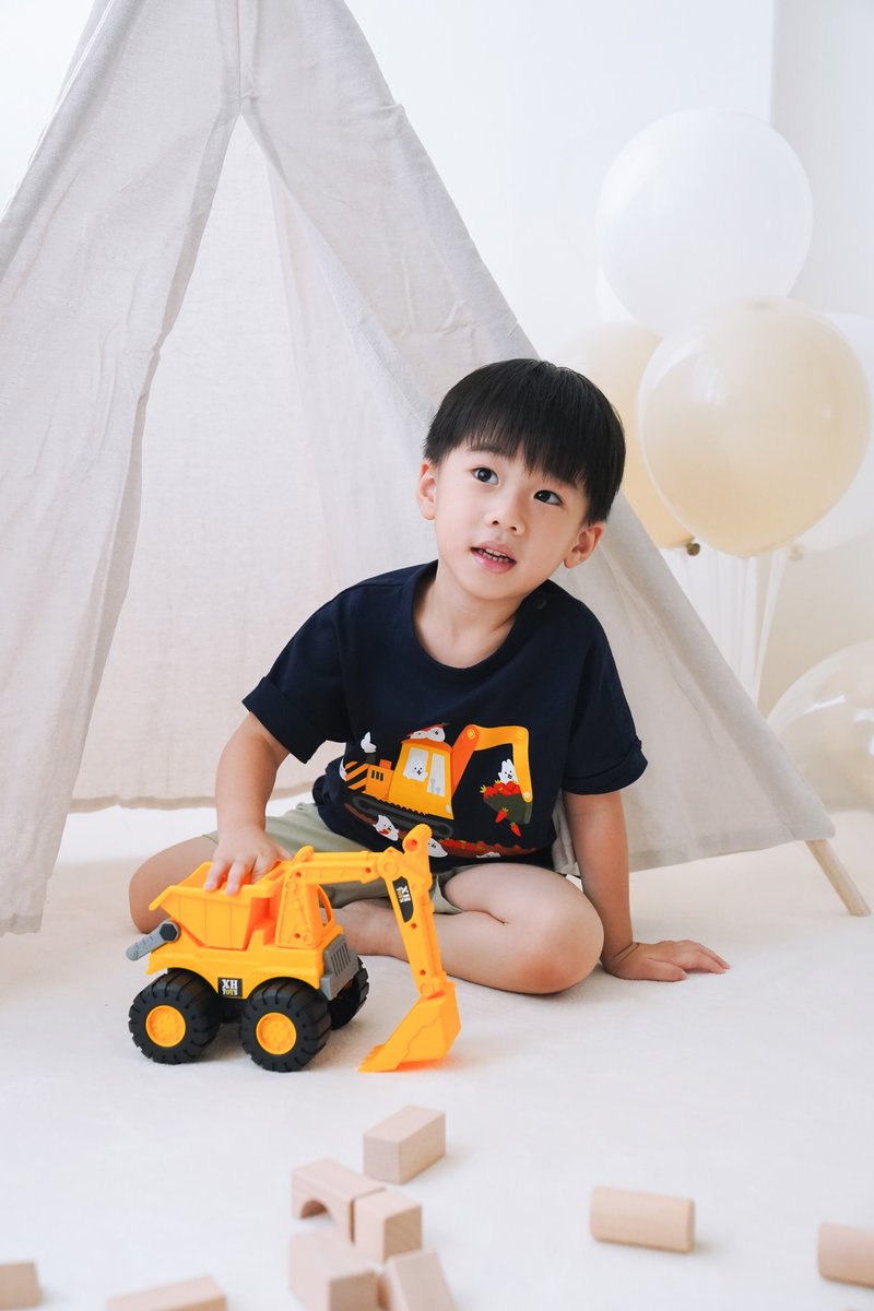 Kid-麻糬兔挖土機小孩T-shirt(藏青色) - 男/女童裝 - 棉．麻 藍色