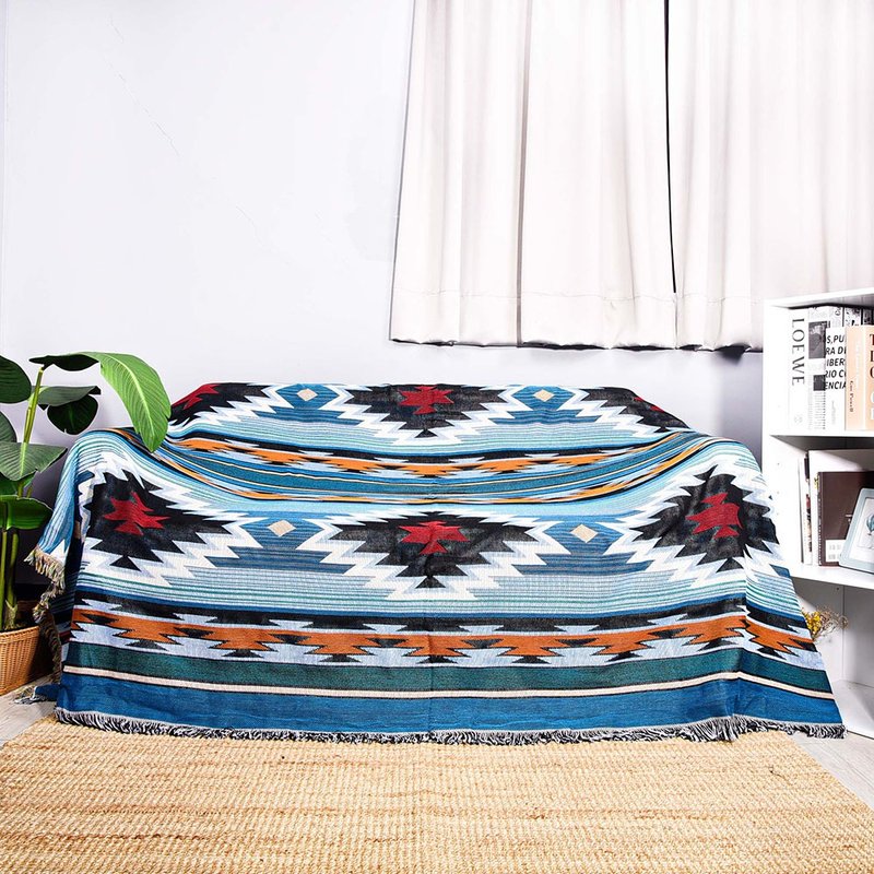 Ethnic style camping home double knitted blanket sofa blanket goddess Baikal 150×210cm - ชุดเดินป่า - ผ้าฝ้าย/ผ้าลินิน สีน้ำเงิน