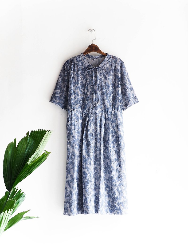 River Hill - Yamagata gray light blue maple leaf poetry basket empty antique quality cotton one-piece dress overalls oversize vintage dress - ชุดเดรส - ผ้าฝ้าย/ผ้าลินิน สีน้ำเงิน