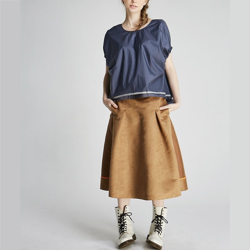 麂皮拼接圓裙(1702SK01BR-S/M) - 裙子/長裙 - 棉．麻 咖啡色